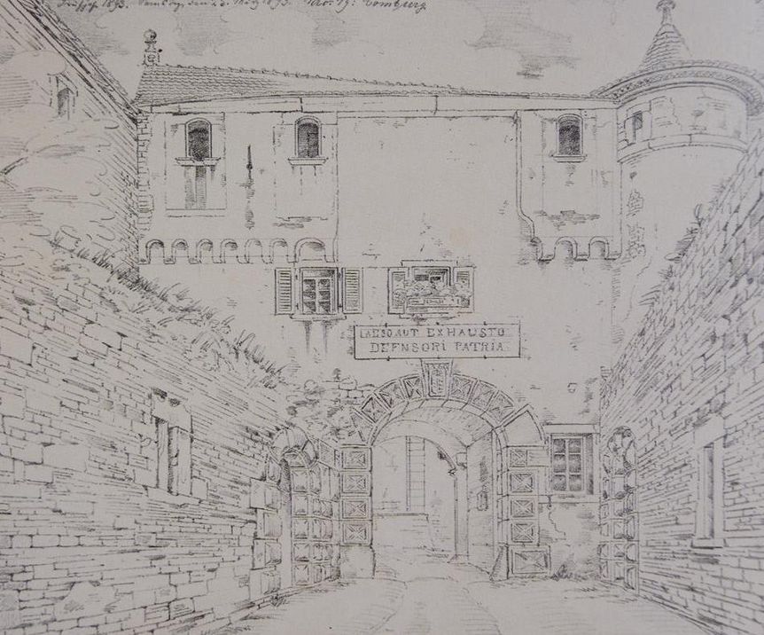 Torhaus der Comburg, Zeichnung von Johann Friedrich Reik aus dem Jahre 1893, Zeichnung als Dauerleihgabe des Landesmuseums Stuttgart im Hällisch Fränkischen Museum